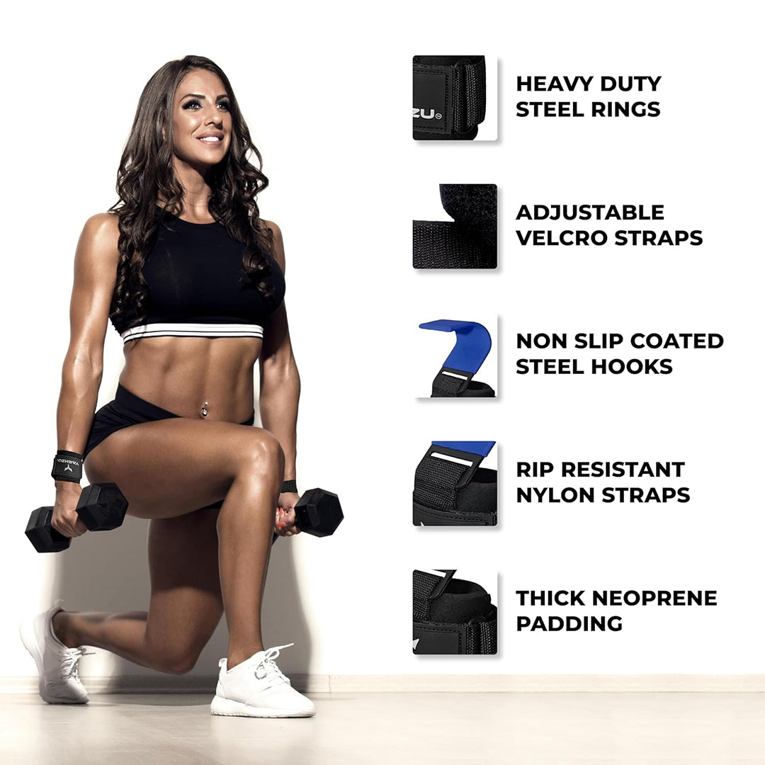 Fit woman wearing Yaghzu weight lifting hooks while performing a lunge with dumbbells, alongside product highlights: heavy duty steel rings, adjustable Velcro straps, non-slip coated steel hooks, rip-resistant nylon straps, and thick neoprene padding.