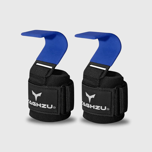 Yaghzu weight lifting hooks with blue-coated steel hooks and black wrist straps for enhanced grip support during strength training and gym workouts.