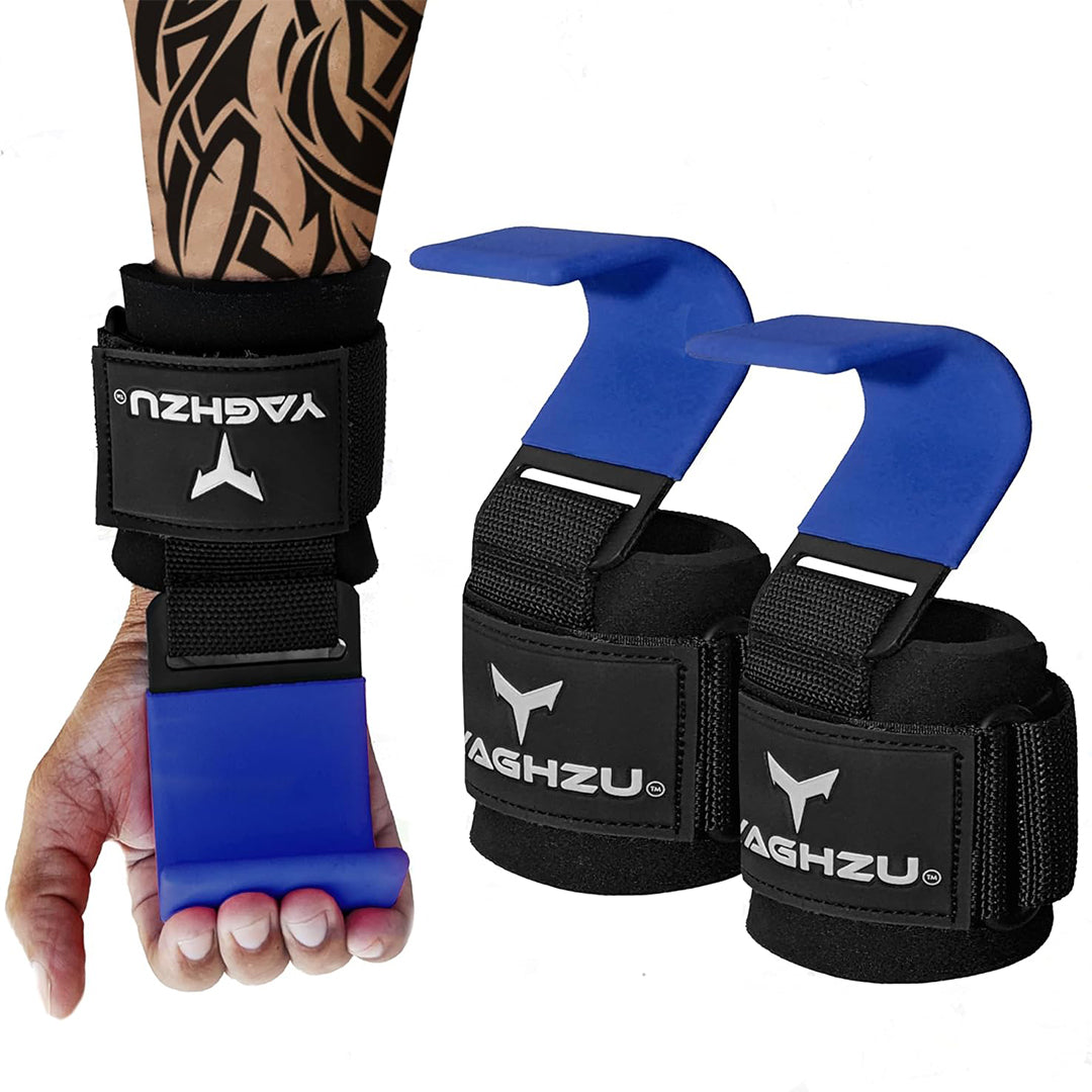 Yaghzu blue weight lifting hooks shown on a tattooed forearm and separately as a pair, featuring padded wrist support, strong steel hooks, and adjustable Velcro straps for secure grip during heavy lifts.