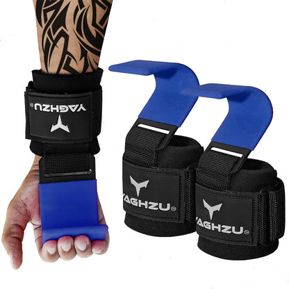 Yaghzu blue weight lifting hooks shown on a tattooed forearm and separately as a pair, featuring padded wrist support, strong steel hooks, and adjustable Velcro straps for secure grip during heavy lifts.