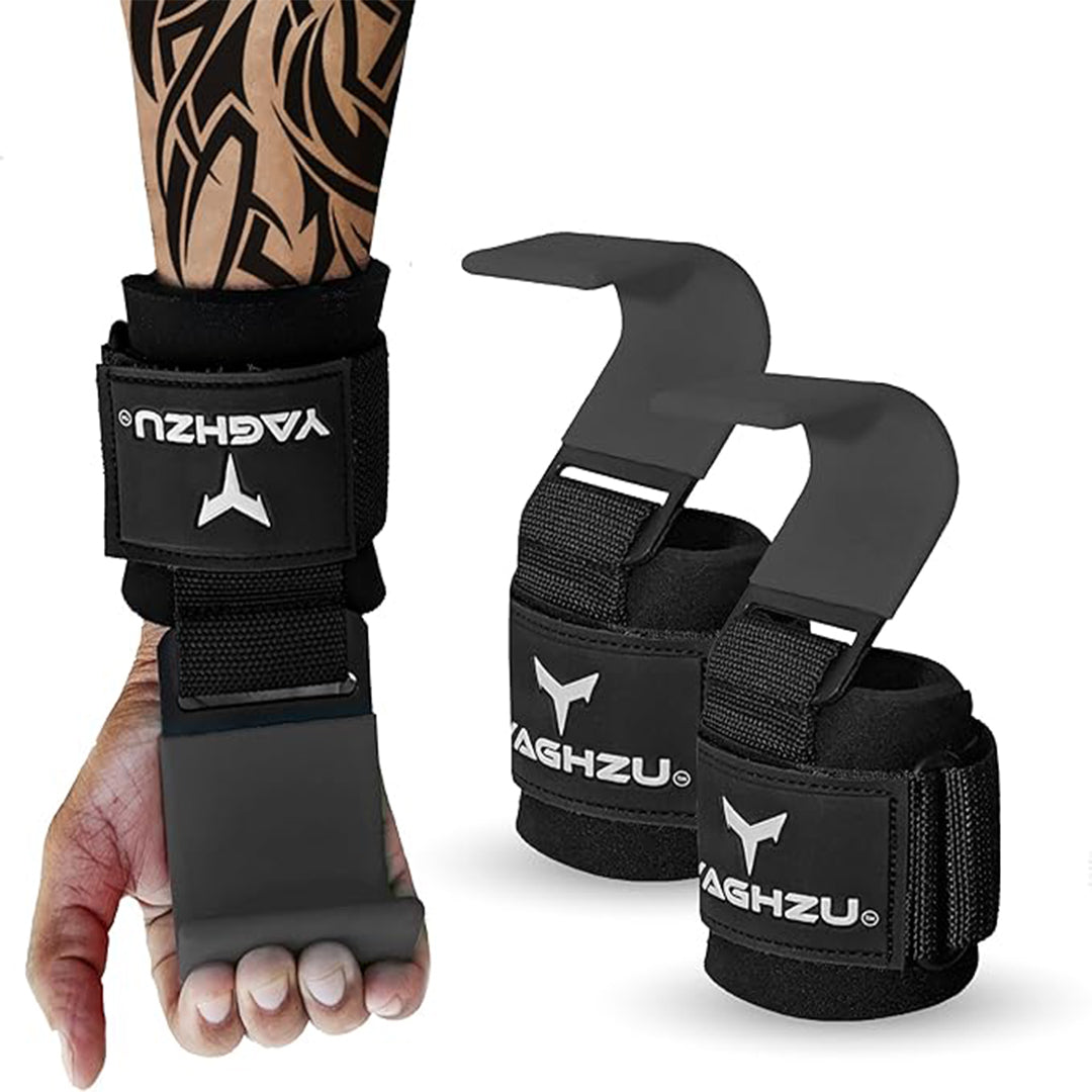 Yaghzu dark grey weight lifting hooks shown on a tattooed forearm and separately as a pair, featuring padded wrist support, strong steel hooks, and adjustable Velcro straps for secure grip during heavy lifts.