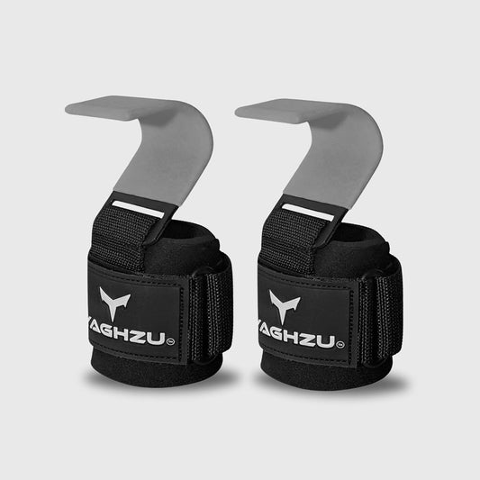 Yaghzu weight lifting hooks with grey-coated steel hooks and black wrist straps for enhanced grip support during strength training and gym workouts.