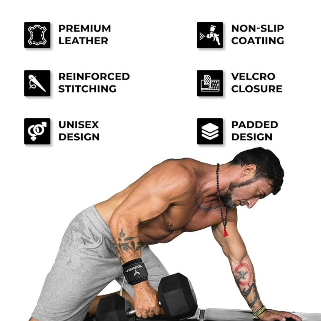 Muscular man using Yaghzu weight lifting hooks while performing a one-arm dumbbell row, surrounded by product feature icons including premium leather, reinforced stitching, unisex design, non-slip coating, Velcro closure, and padded design.