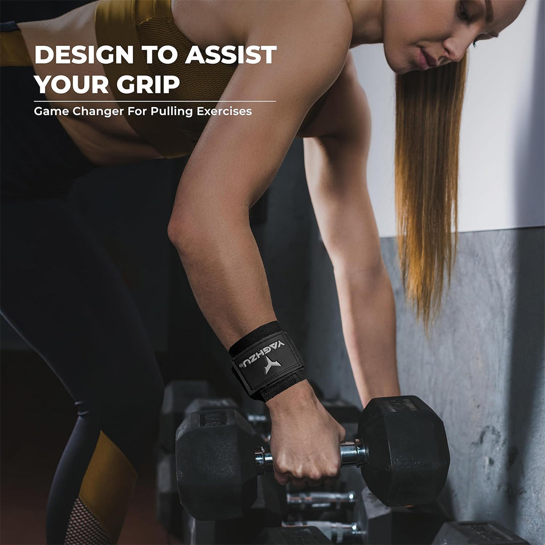 Woman performing dumbbell rows in a gym while wearing Yaghzu lifting hooks, designed to enhance grip during pulling exercises and deadlifts