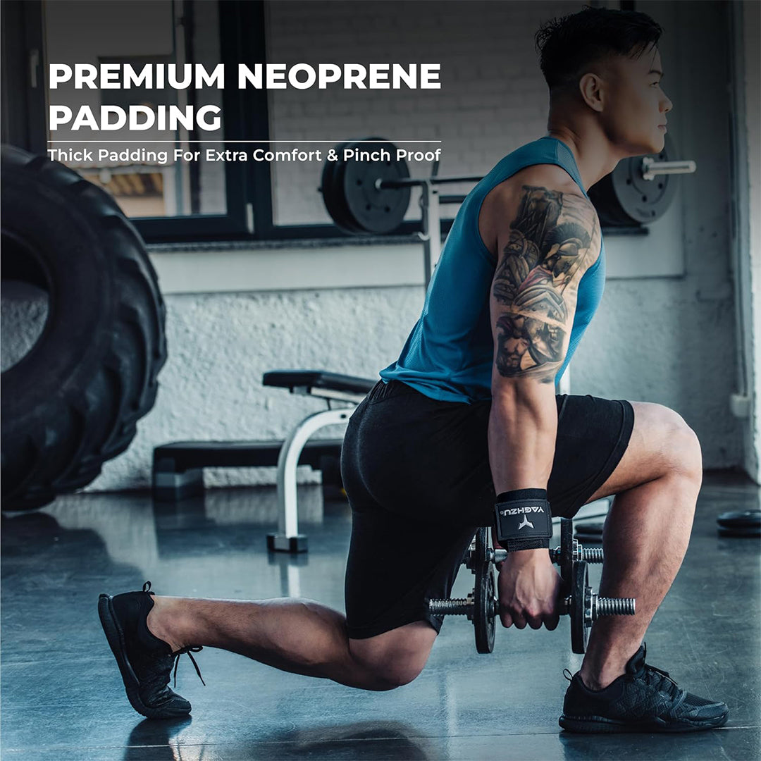 Tattooed man performing weighted lunges in a gym while wearing Yaghzu weight lifting hooks with premium neoprene padding for comfort and pinch protection.