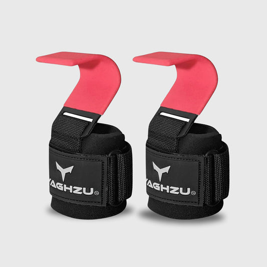 Yaghzu weight lifting hooks with pink-coated steel hooks and black wrist straps for enhanced grip support during strength training and gym workouts.