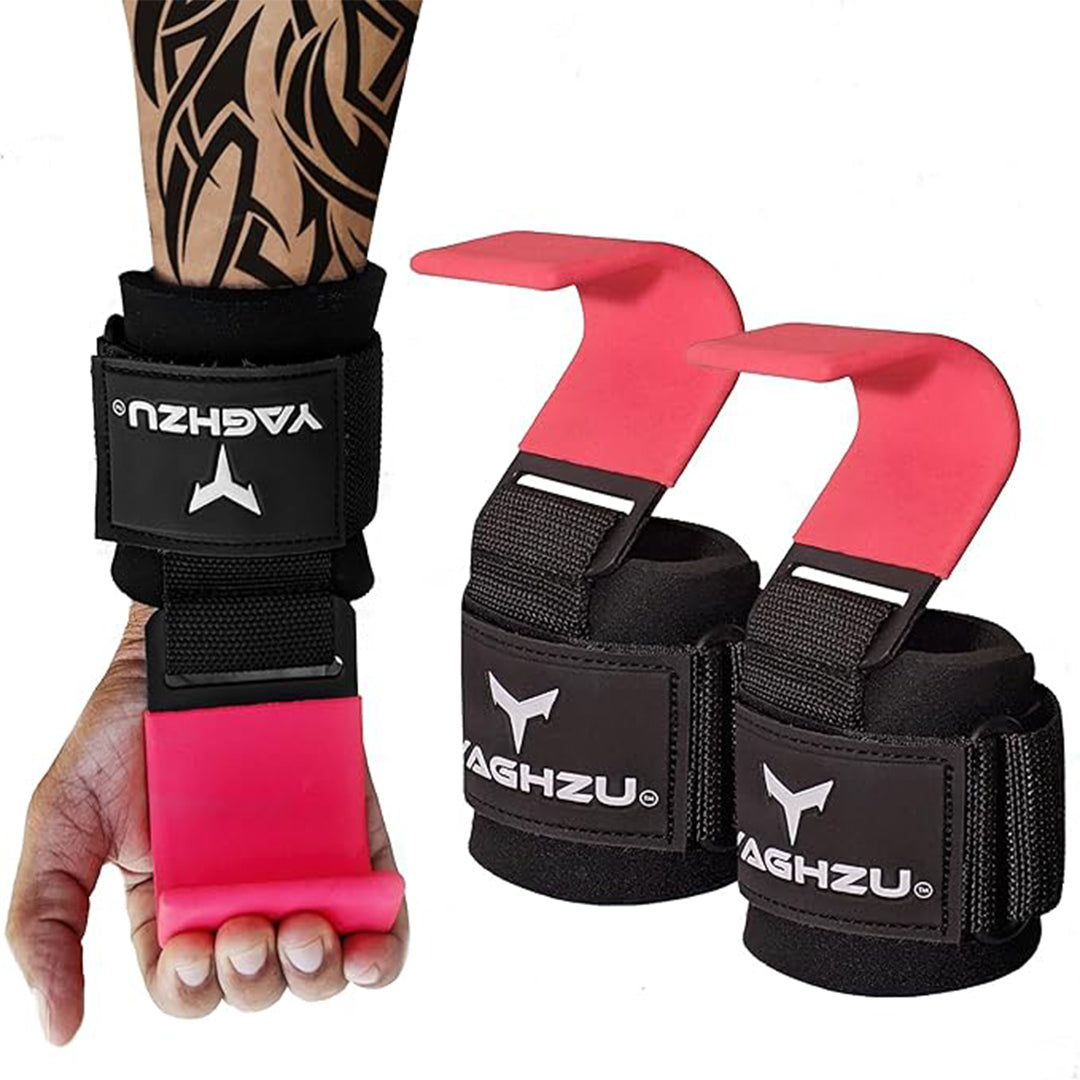 Yaghzu pink weight lifting hooks shown on a tattooed forearm and separately as a pair, featuring padded wrist support, strong steel hooks, and adjustable Velcro straps for secure grip during heavy lifts.