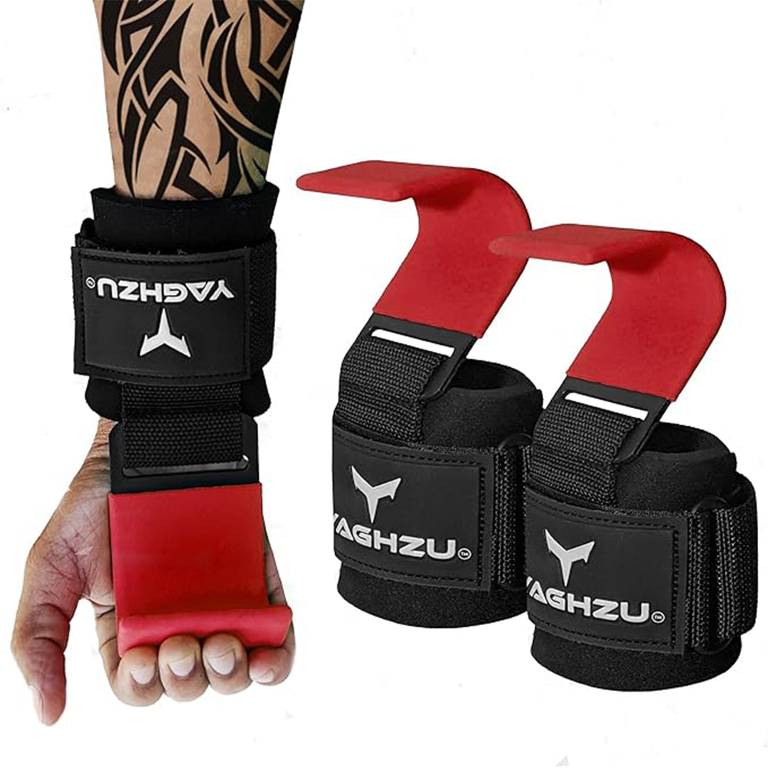 Yaghzu red weight lifting hooks shown on a tattooed forearm and separately as a pair, featuring padded wrist support, strong steel hooks, and adjustable Velcro straps for secure grip during heavy lifts.