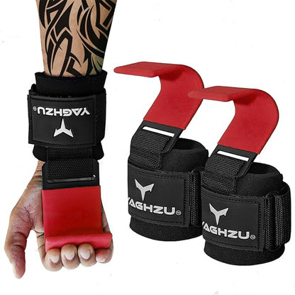 Yaghzu red weight lifting hooks shown on a tattooed forearm and separately as a pair, featuring padded wrist support, strong steel hooks, and adjustable Velcro straps for secure grip during heavy lifts.