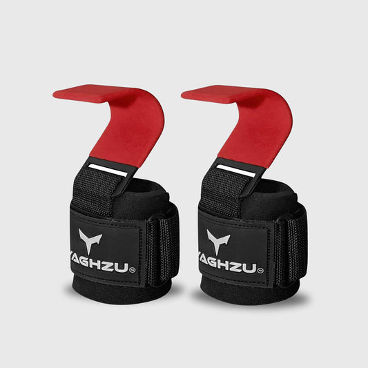 Yaghzu red weight lifting hooks shown on a tattooed forearm and separately as a pair, featuring padded wrist support, strong steel hooks, and adjustable Velcro straps for secure grip during heavy lifts.