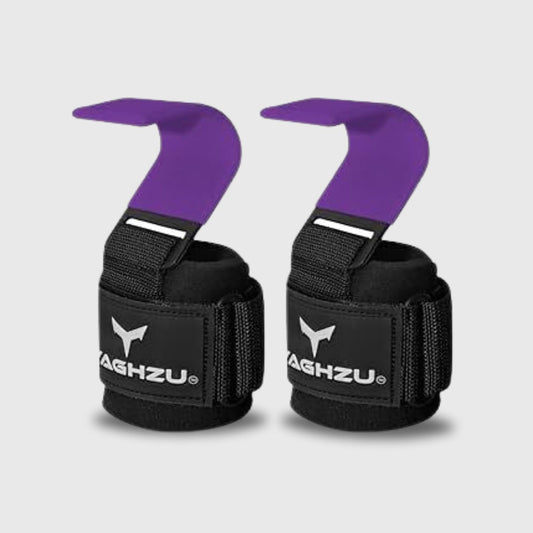 Yaghzu purple weight lifting hooks shown on a tattooed forearm and separately as a pair, featuring padded wrist support, strong steel hooks, and adjustable Velcro straps for secure grip during heavy lifts.