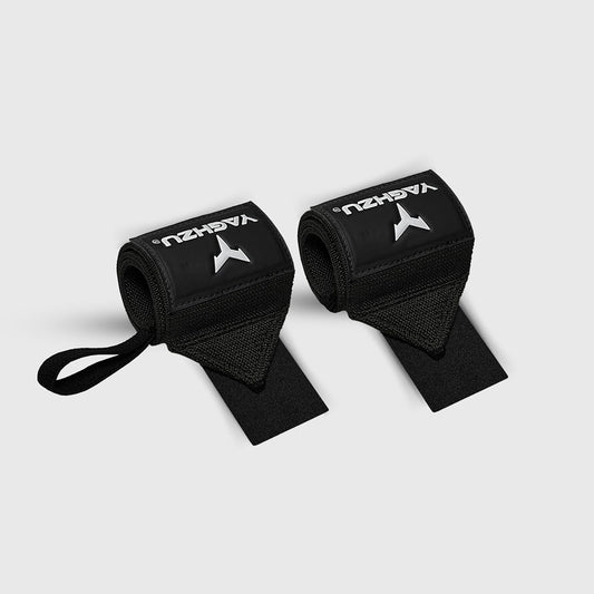 Pair of black Yaghzu wrist wraps with thumb loops, premium support gear for weightlifting, strength training, CrossFit, and powerlifting—ideal for wrist stabilization and injury prevention during heavy lifts