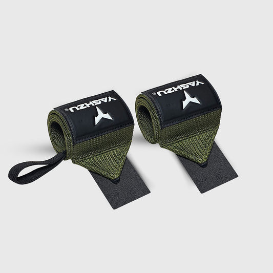 Pair of green Yaghzu wrist wraps with black thumb loops, designed for enhanced wrist support and stability during heavy lifting, displayed on a white background.