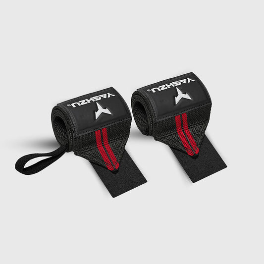 Pair of red Yaghzu wrist wraps with black thumb loops, designed for enhanced wrist support and stability during heavy lifting, displayed on a white background.