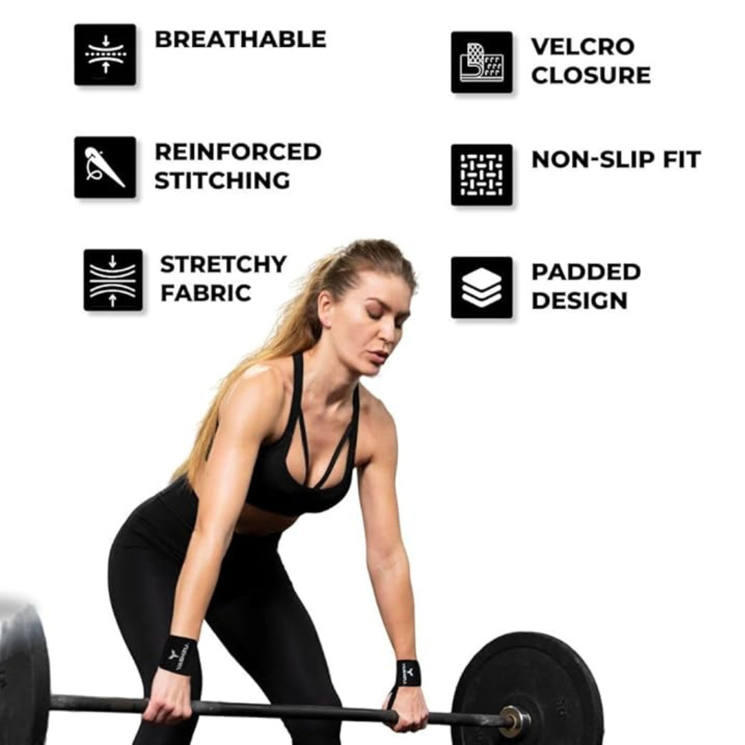 Woman performing deadlift while wearing black Yaghzu wrist wraps, with callouts showing product features such as breathable material, velcro closure, reinforced stitching, non-slip fit, stretchy fabric, and padded design for wrist stability during weightl