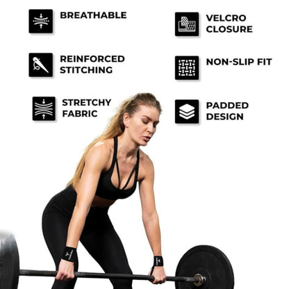 Woman performing deadlift while wearing black Yaghzu wrist wraps, with callouts showing product features such as breathable material, velcro closure, reinforced stitching, non-slip fit, stretchy fabric, and padded design for wrist stability during weightl