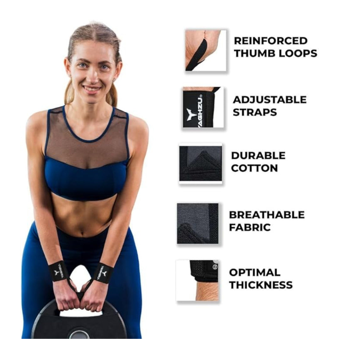 Female athlete wearing Yaghzu black wrist wraps while lifting weight plate, with feature highlights including reinforced thumb loops, adjustable straps, durable cotton, breathable fabric, and optimal thickness for maximum wrist support during weight lifti