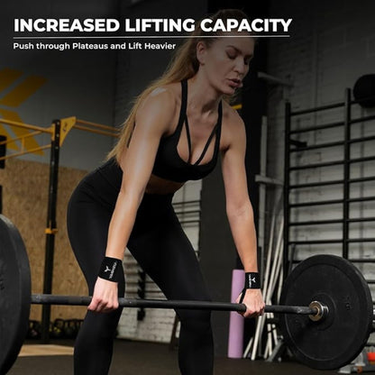 Female athlete performing a deadlift using black Yaghzu wrist wraps, demonstrating increased lifting capacity, support, and grip during intense strength training