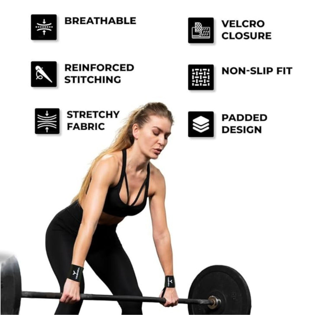 Woman performing deadlift while wearing green Yaghzu wrist wraps, with callouts showing product features such as breathable material, velcro closure, reinforced stitching, non-slip fit, stretchy fabric, and padded design for wrist stability during weightl