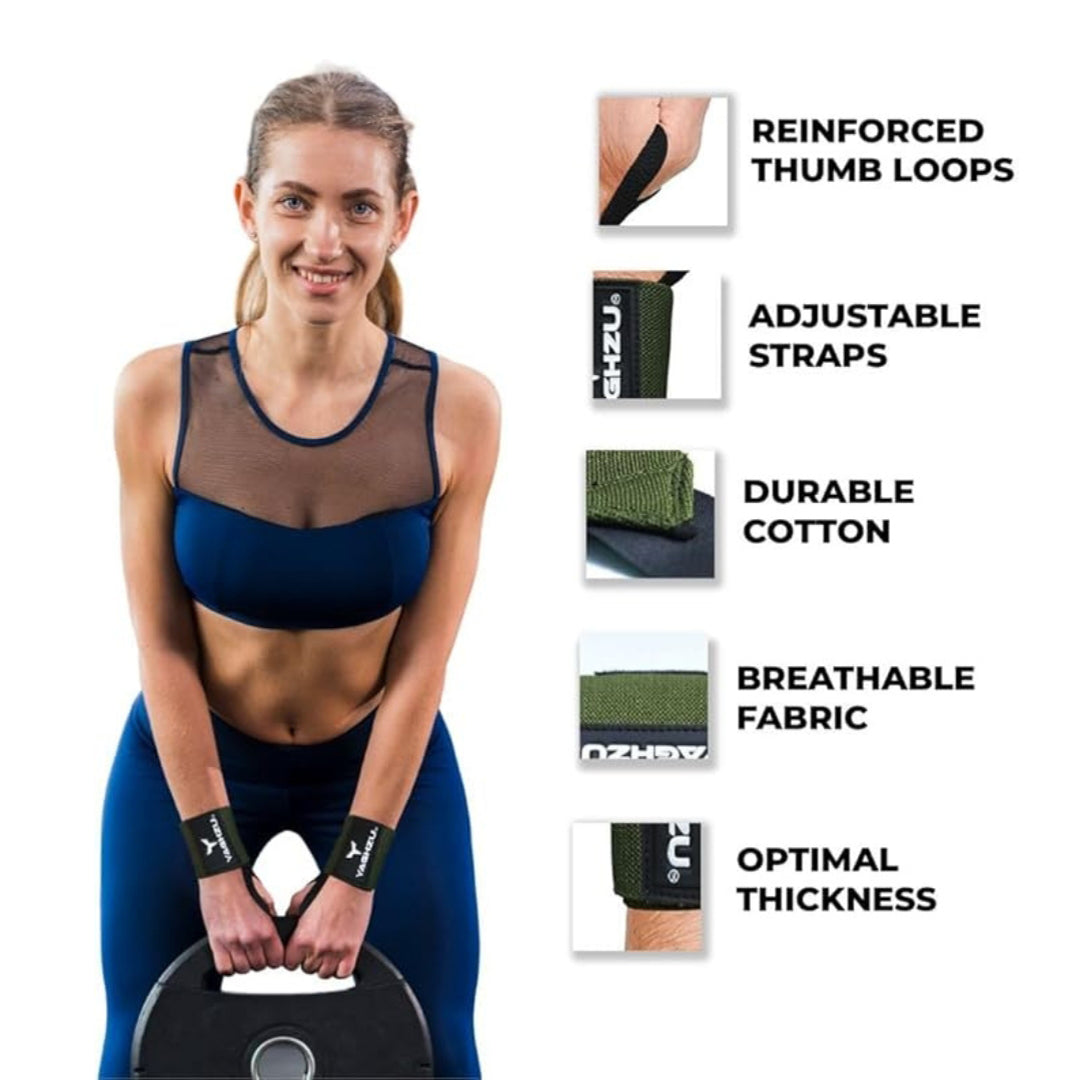 Female athlete wearing Yaghzu green wrist wraps while lifting weight plate, with feature highlights including reinforced thumb loops, adjustable straps, durable cotton, breathable fabric, and optimal thickness for maximum wrist support during weight lifti