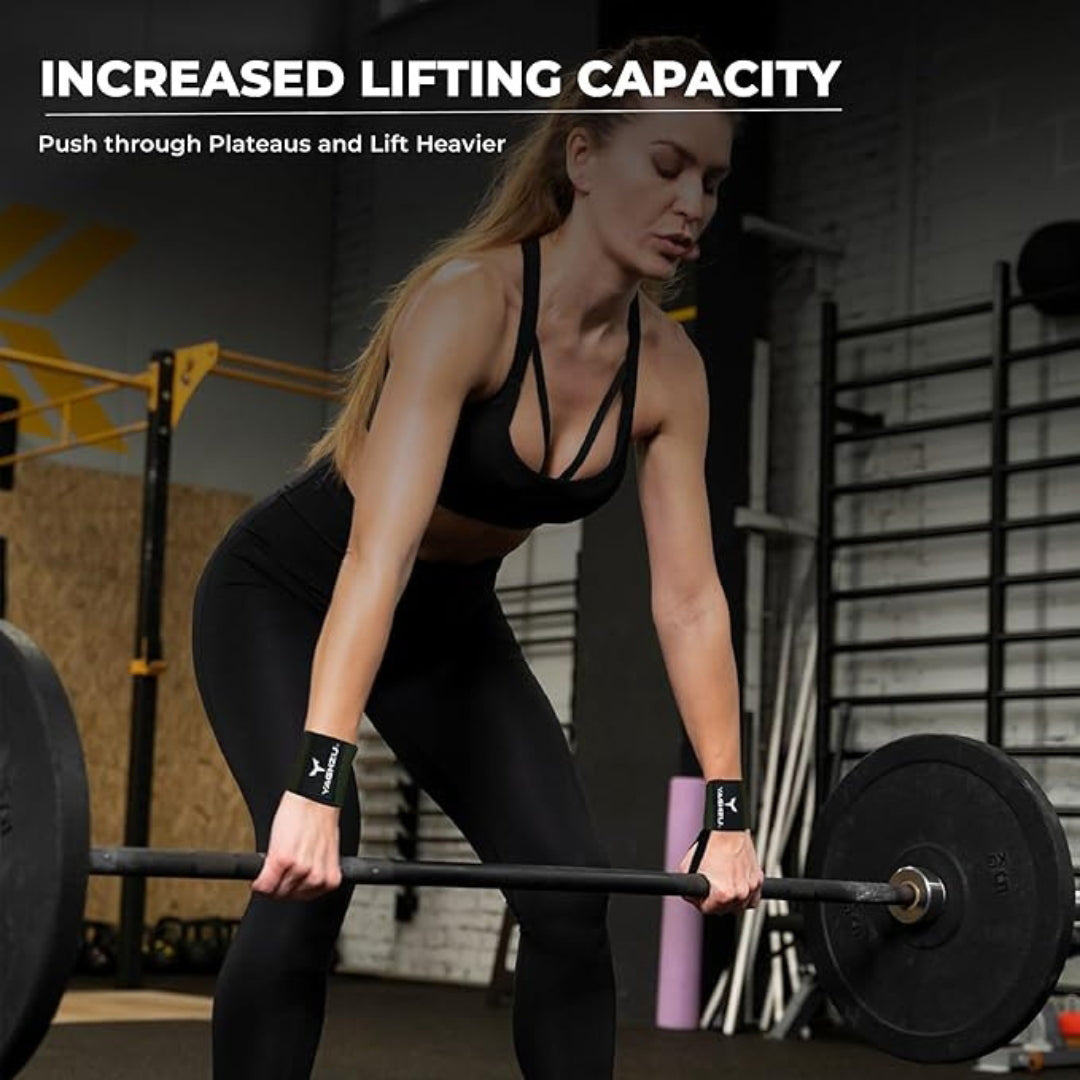 Female athlete performing a deadlift using green Yaghzu wrist wraps, demonstrating increased lifting capacity, support, and grip during intense strength training