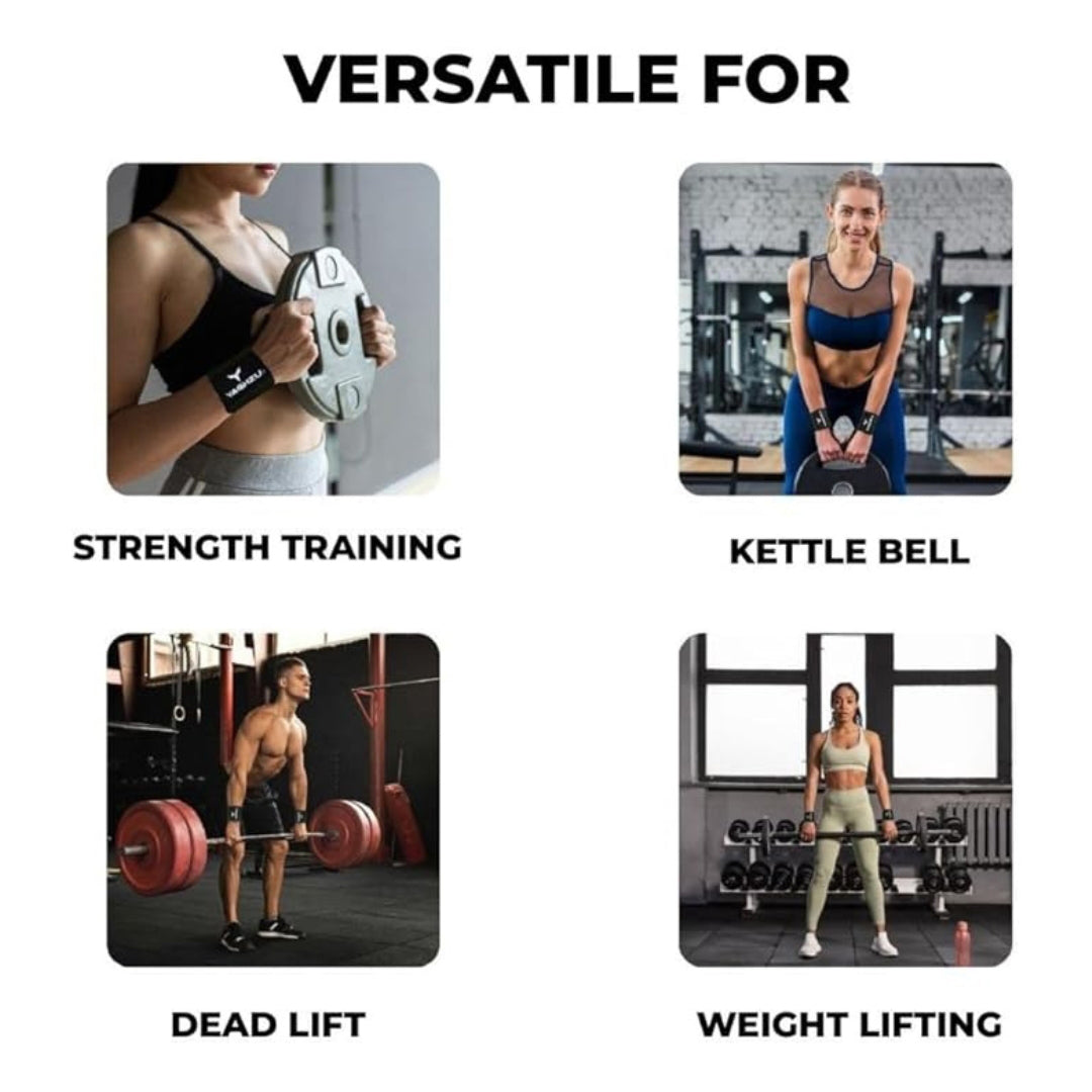 Four images showing different gym exercises—strength training, kettlebell workout, deadlift, and weightlifting—featuring athletes using Yaghzu wrist wraps for enhanced wrist support and stability