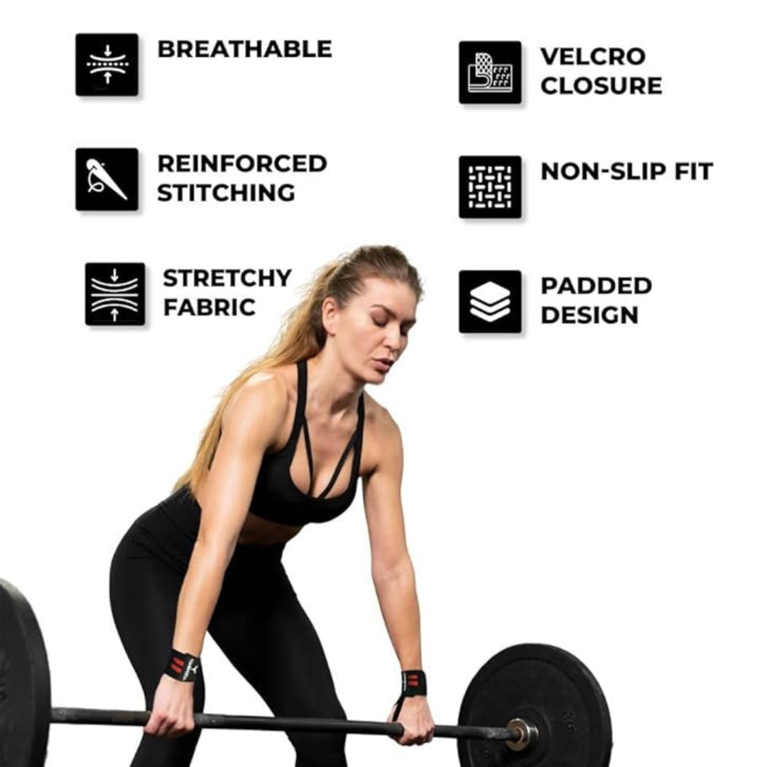 Woman performing deadlift while wearing red Yaghzu wrist wraps, with callouts showing product features such as breathable material, velcro closure, reinforced stitching, non-slip fit, stretchy fabric, and padded design for wrist stability during weightlif