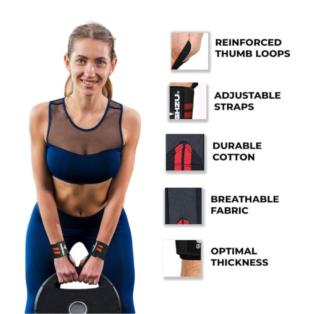 Female athlete wearing Yaghzu red wrist wraps while lifting weight plate, with feature highlights including reinforced thumb loops, adjustable straps, durable cotton, breathable fabric, and optimal thickness for maximum wrist support during weight lifting