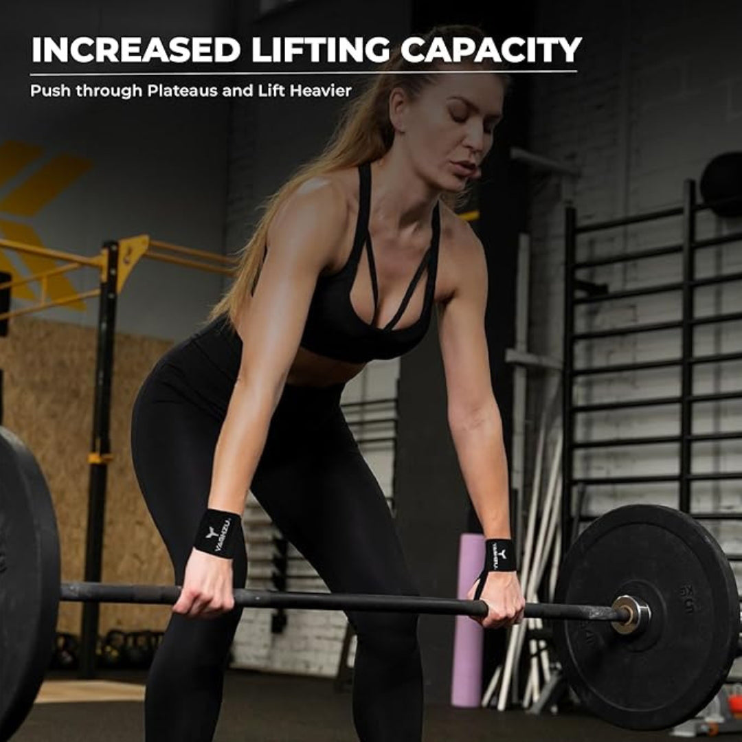 Female athlete performing a deadlift using red Yaghzu wrist wraps, demonstrating increased lifting capacity, support, and grip during intense strength training