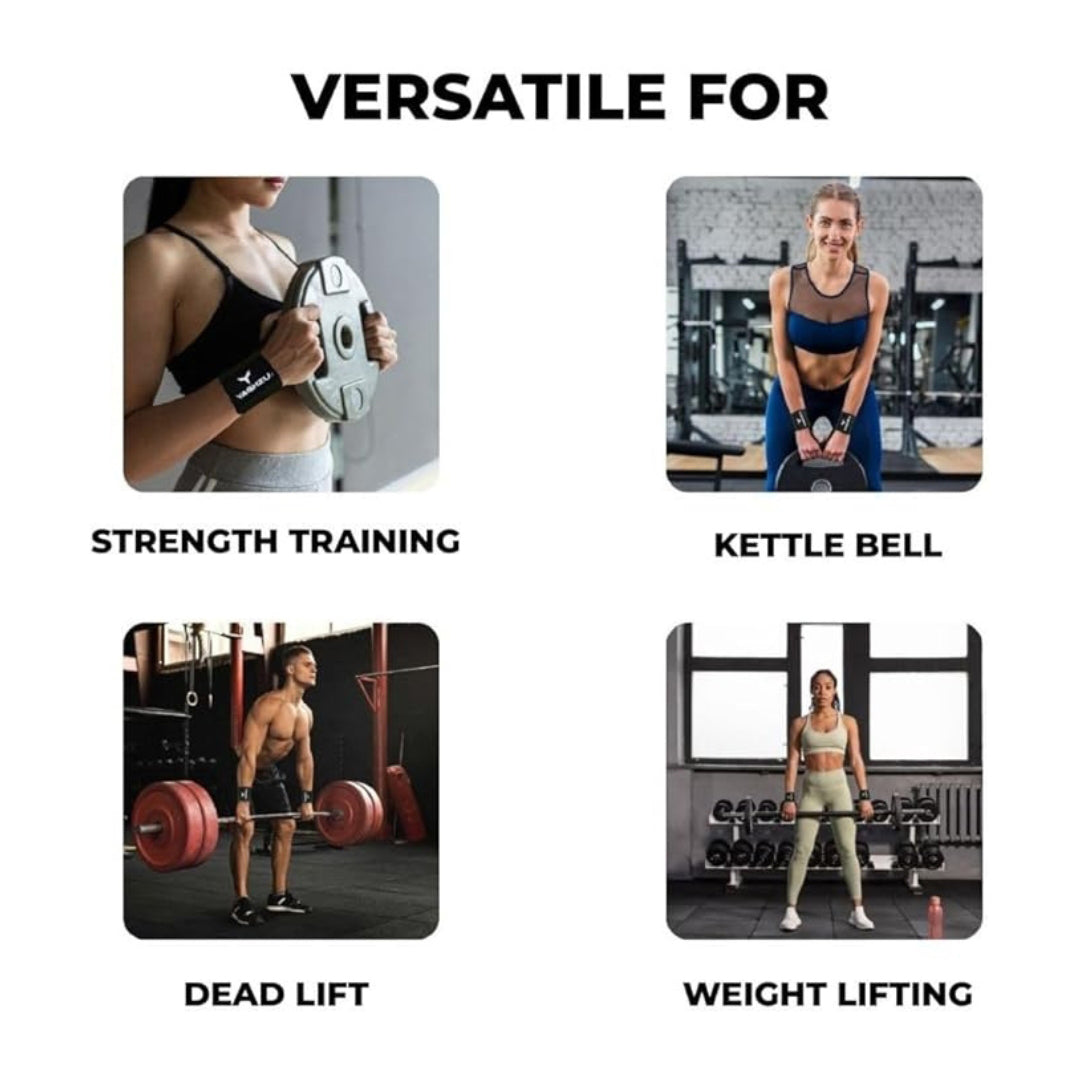 Four images showing different gym exercises—strength training, kettlebell workout, deadlift, and weightlifting—featuring athletes using Yaghzu wrist wraps for enhanced wrist support and stability